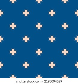 Vector geometric seamless pattern with stars, flower silhouettes, crosses. Simple abstract floral ornament. Retro vintage style background texture. Dark blue and beige color. Repeat decorative design