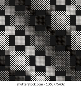 Vector geometric seamless pattern with stripes, diagonal lines, squares, abstract checkered texture. Black and white linear background. Monochrome repeatable design for decoration, textile, digital