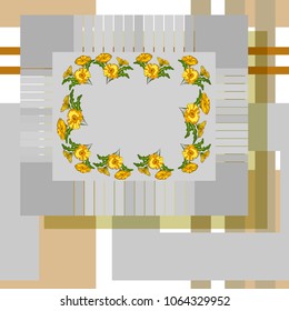 Vector geometric seamless pattern of stripes of squares and frames with 	pot marigold