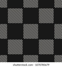 Vector geometric seamless pattern with stripes, thin diagonal lines, squares, grid. Modern abstract checkered texture. Black and white minimalist linear background, repeat tiles. Stylish dark design 