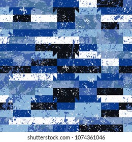 Vector geometric seamless pattern with stripes and overlapping shapes in graffiti style. Striped modern bold print for sport fashion. Abstract dynamic techno background with paint splash and splatter