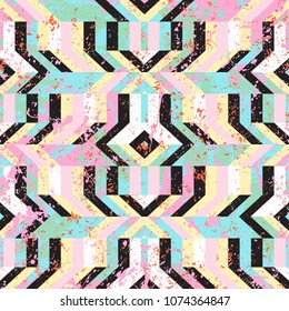 Vector geometric seamless pattern with stripes and overlapping shapes in graffiti style. Striped modern bold print for sport fashion. Abstract dynamic techno background with paint splash and splatter