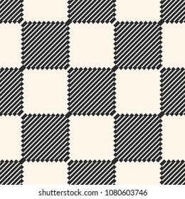 Vector geometric seamless pattern with stripes, diagonal lines, squares. Abstract black and white checkered texture. Minimal monochrome background. Repeat design for decor, fabric, carpet, wrapping