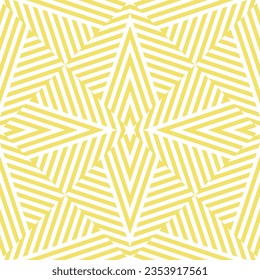 Vector geometric seamless pattern with stripes, broken lines, repeat tiles. Yellow and white creative psychedelic design. Funky optical art texture. Retro fashion background. Trendy geo pattern