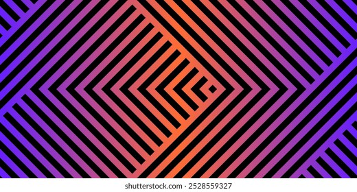 Patrón geométrico de Vector sin fisuras con rayas, chevron, líneas diagonales. Abstractas textura gráfica urbana deportiva. Fondo de estilo funky retro de moda. Naranja neón y gradiente púrpura. Diseño geo repetido