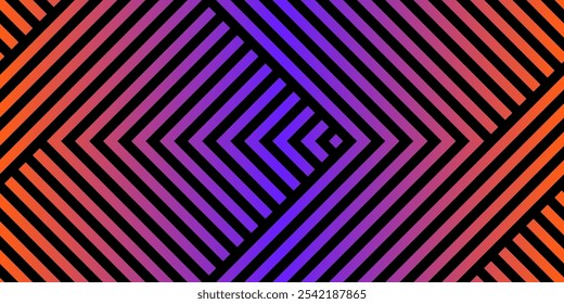 Vector geometric seamless pattern with stripes, chevron, diagonal lines. Abstract urban sport graphic texture. Trendy 1980s - 1990s style background. Neon orange and purple gradient. Repeated design