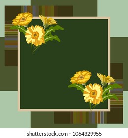 Vector geometric seamless pattern of strips of squares and frames with 	marigold  in green coloring