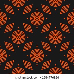 Vector geometric seamless pattern. Stylish linear background with lines, stripes, triangles, rhombuses, octagons, diamonds. Abstract black and coral colored texture. Modern ornamental repeat design