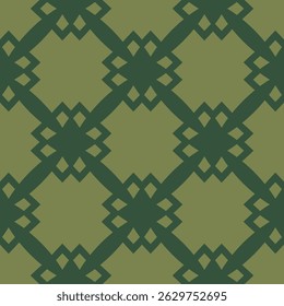 Vector geometric seamless pattern. Stylish abstract ornament texture with floral grid, lattice, diamond shapes, flower silhouettes. Simple vintage background. Green color. Repeated decorative design