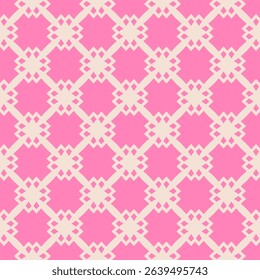 Vector geometric seamless pattern. Stylish abstract ornament texture with floral grid, lattice, diamond shapes, flower silhouettes, checkered surface. Simple funky background. Pink and beige color