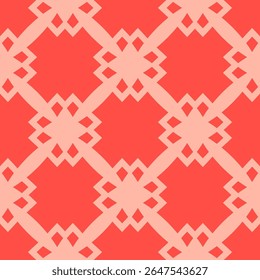 Vector geometric seamless pattern. Stylish abstract ornament texture with floral grid, lattice, diamond shapes, flower silhouettes. Simple funky background. Coral red and pink color. Repetitive design
