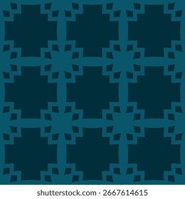 Vector geometric seamless pattern. Stylish abstract ornament texture with floral grid, square lattice, flower silhouettes, checkered surface. Simple background in dark blue tones. Repeated geo design