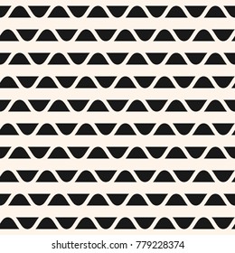Vector geometric seamless pattern. Stylish graphic texture with horizontal lines, curved elements, rounded triangles. Abstract black and white background. Repeat design for decor, prints, wrapping