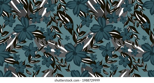 vector geometric seamless pattern with stylized swamps with small leaves and small simple blue daisies on a blue background