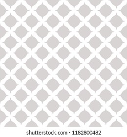 Vector geometric seamless pattern. Subtle white and gray background texture. Simple abstract ornament with star shapes, crosses, dots. Repeatable design for decor, fabric, cloth, furniture, linens