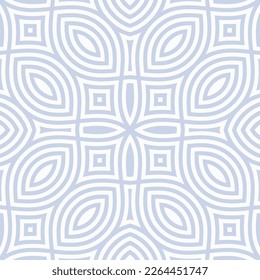 Vector geometric seamless pattern. Subtle abstract linear ornamental texture with curved shapes, lines, flower silhouettes, leaves, repeat tiles. Light blue and white background. Repeat modern design