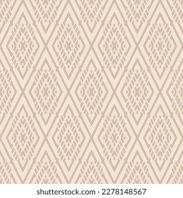 Vector geometric seamless pattern. Subtle beige abstract graphic background with diamonds, rhombuses, grid. Ethnic tribal style ornament. Repeat retro vintage geo design for decor, wallpaper, textile