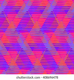 Vector geometric seamless pattern with tech line and zigzags in red. Striped modern bold print in 1980s style. Op art stripes pattern. Abstract techno chevron background. Digital funky stripes pattern