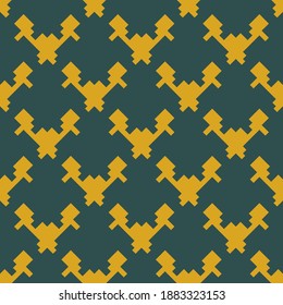 Vector geometric seamless pattern. Texture of textile, fabric, cloth, jacquard. Dark green and yellow color. Simple abstract ornamental background. Repeat tileable design for print, decor, wallpaper