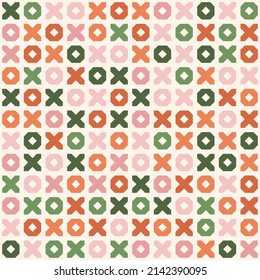 Vector geometric seamless pattern. Tic tac toe ornament with small colorful noughts and crosses. Funky abstract minimal background texture in green, pink and orange color. Modern repeat geo design