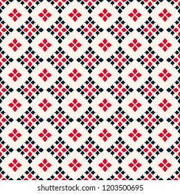 Vector geometric seamless pattern. Traditional folk ornament. Texture with small rhombuses, flower silhouettes, diamond shapes. Tribal ethnic motif. Red, black and white colors. Repeat background