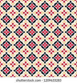 Vector geometric seamless pattern. Traditional folk ornament. Texture with small rhombuses, flower shapes, diamonds. Tribal ethnic motif. Red, black, yellow and white colors. Repeatable background svg