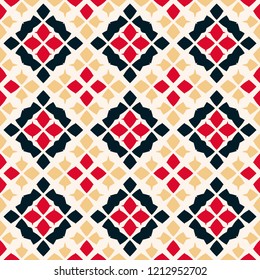 Vector geometric seamless pattern. Traditional folk ornament. Ornamental texture with rhombuses, flower shapes, diamonds. Tribal ethnic motif. Red, black, yellow and white colors. Repeat background