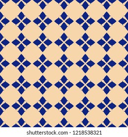 Vector geometric seamless pattern. Traditional folk ornament. Texture with small rhombuses, flower silhouettes, diamond shapes. National ethnic motif. Deep blue and gold colors. Repeating background