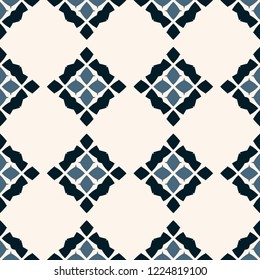 Vector geometric seamless pattern. Traditional folk ornament. Texture with rhombuses, flower silhouettes, diamonds. National ethnic motif. Blue, black and white colors. Repeatable background design