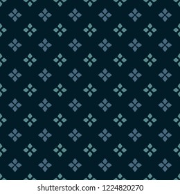 Vector geometric seamless pattern. Traditional folk ornament. Texture with small rhombuses, flower silhouettes, diamond shapes. National ethnic motif. Teal, blue and black colors. Repeat background