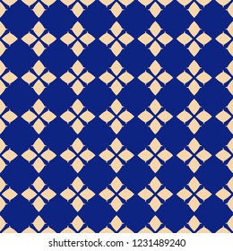 Vector geometric seamless pattern. Traditional folk ornament. Texture with small rhombuses, flower silhouettes, diamond shapes. National ethnic motif. Deep blue and beige colors. Repeatable background