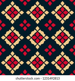 Vector geometric seamless pattern. Traditional folk ornament. Ornamental texture with rhombuses, flower shapes, diamonds. National ethnic motif. Red, black and tan colors. Repeat background design