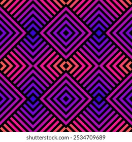 Vector geometric seamless pattern. Trending abstract sport style texture. Modern background with neon pink and purple gradient. Funky lines, stripes, chevron, squares. 1980s - 1990s inspired design