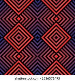 Vector geometric seamless pattern. Trending abstract sport style texture. Modern background with neon red and purple gradient. Funky lines, stripes, chevron, squares. 1980s - 1990s inspired design