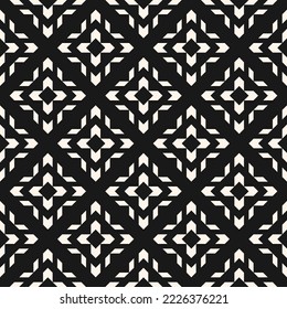 Vector geometric seamless pattern with tribal ethnic motif. Modern folk ornament. Simple abstract black and white texture with grid, floral shapes. Retro vintage style. Monochrome repeat background