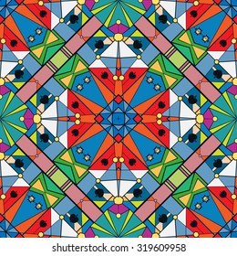 Vector geometric seamless pattern, tribal ethnic Arabic Indian ornament. Colorful abstract background with hand drawn sketchy repeating texture. 