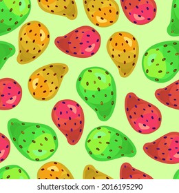 vector geometric seamless pattern with tropical fruits and leaves on bright isolated background