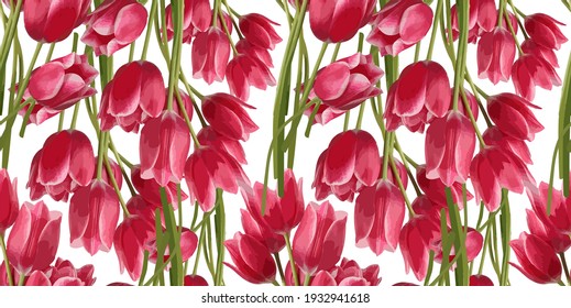 vector geometric seamless pattern with tulips on white isolated background, red pink tulips, red vector tulips on white isolated background