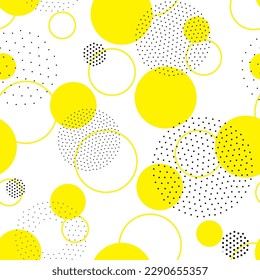 Vector geometric seamless pattern. Universal Repeating abstract circles figure in black white yellow. Modern halftone circle design, pointillism