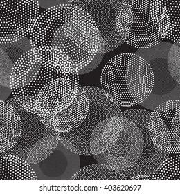 Vector geometric seamless pattern. Universal Repeating abstract circles figure in black and white. Modern halftone circle design, pointillism