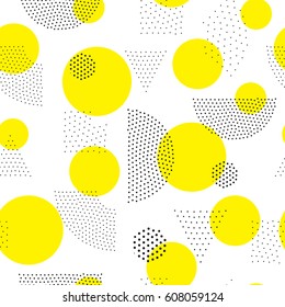 Vector geometric seamless pattern. Universal Repeating abstract circles figure in black white yellow. Modern halftone circle design, pointillism