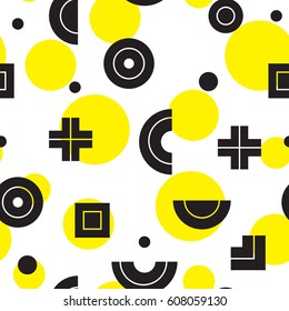 Vector geometric seamless pattern. Universal Repeating abstract circles figure in black white yellow. Modern halftone circle design, pointillism