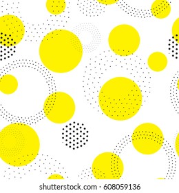 Vector geometric seamless pattern. Universal Repeating abstract circles figure in black white yellow. Modern halftone circle design, pointillism