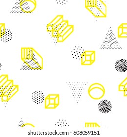Vector geometric seamless pattern. Universal Repeating abstract circles figure in black white yellow. Modern halftone circle design, pointillism