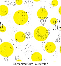 Vector geometric seamless pattern. Universal Repeating abstract circles figure in black white yellow. Modern halftone circle design, pointillism