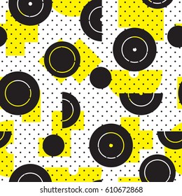 Vector geometric seamless pattern. Universal Repeating abstract circles figure in black white yellow. Modern halftone circle design, pointillism