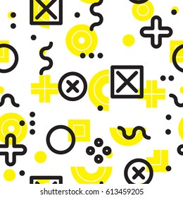 Vector geometric seamless pattern. Universal Repeating abstract circles figure in black white yellow. Modern halftone circle design, pointillism