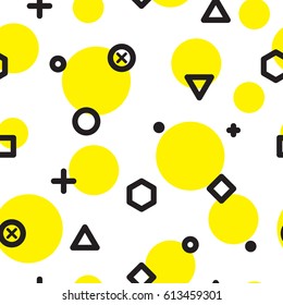 Vector geometric seamless pattern. Universal Repeating abstract circles figure in black white yellow. Modern halftone circle design, pointillism