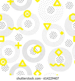 Vector geometric seamless pattern. Universal Repeating abstract circles figure in black white yellow. Modern halftone circle design, pointillism