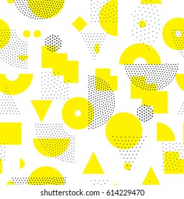 Vector geometric seamless pattern. Universal Repeating abstract circles figure in black white yellow. Modern halftone circle design, pointillism